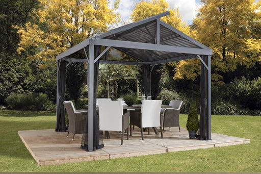The Sojag Sanibel II Gazebo 8x8 ft elegantly assembled in an outdoor setting with a dining set underneath, ideal for garden and patio lifestyles