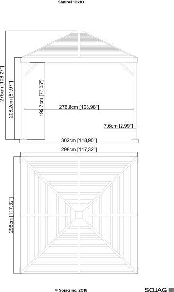 Sojag Sanibel 10 x 10 ft. Gazebo Technical Drawing with Roof Dimensions