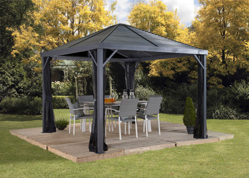 Sojag Sanibel 10 x 10 ft. Gazebo with Outdoor Dining Set on Wooden Deck