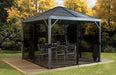 Sojag Sanibel 8 x 8 ft. Gazebo with closed Mosquito Netting and patio furniture inside in a backyard setting