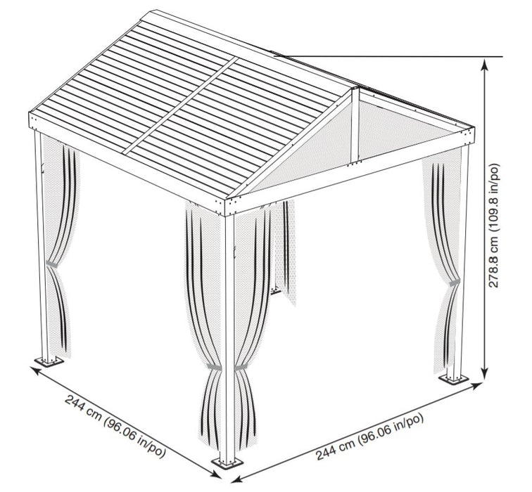 Line drawing of the Sanibel I 8x8 hardtop gazebo with dimensions