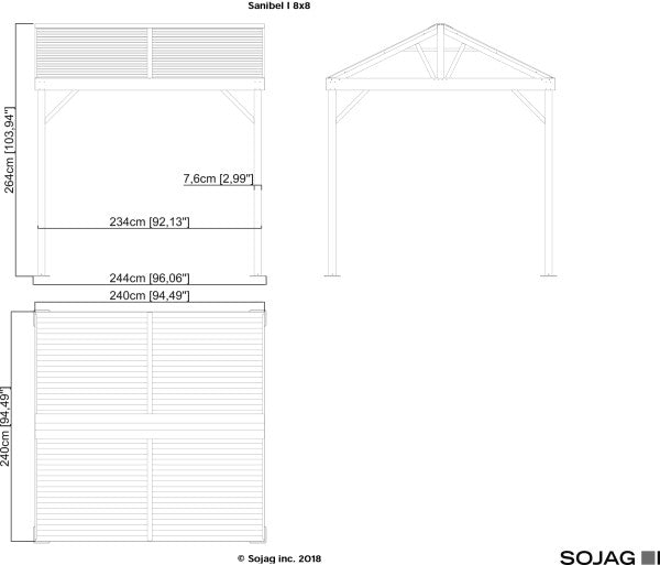 Technical drawing of the Sanibel I 8x8 with roof and structure dimensions