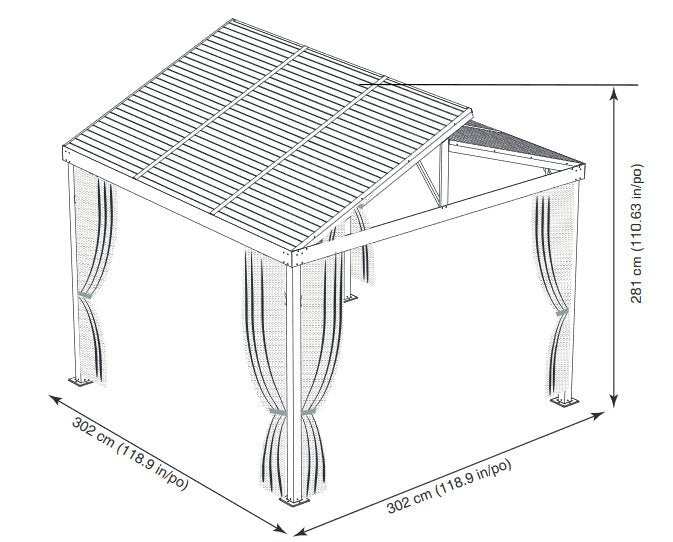 Line drawing of the Sojag Sanibel II Gazebo 10 x 10 ft. with dimensions