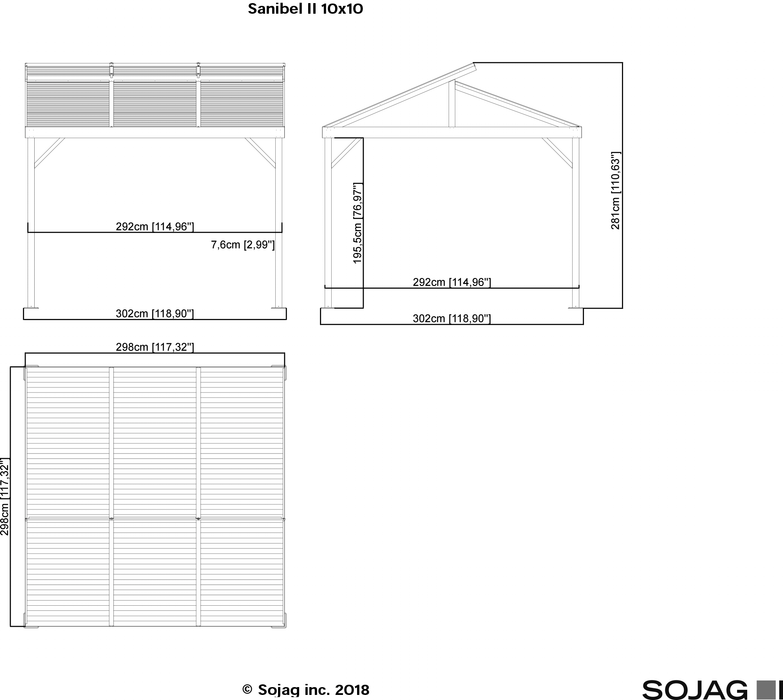 Technical drawing of the Sojag Sanibel II Hardtop Gazebo 10x10 with dimensions of the roof and width of the structure