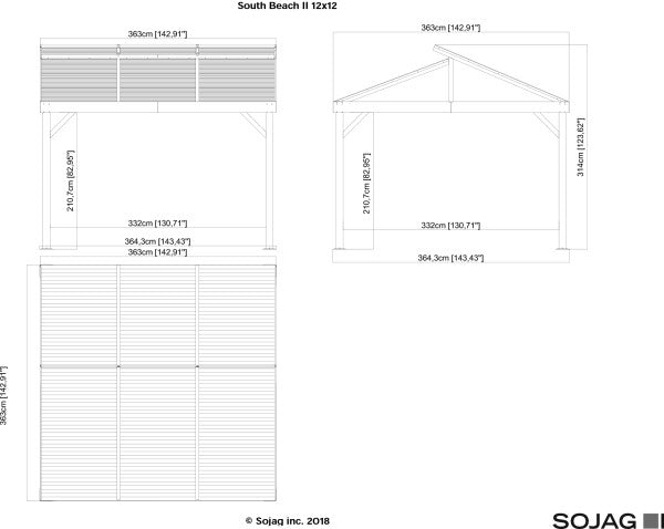  Technical blueprint of Sojag South Beach II gazebo dimensions, 12x12 ft, detailing the precise measurements for assembly and installation.