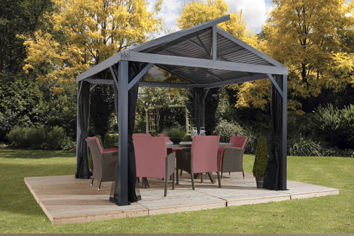  Elegant outdoor Sojag South Beach II gazebo with sturdy metal frame, 12x12 ft, featuring curtains and outdoor furniture in a garden setting.