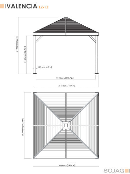 Dimensional outline of the Sojag Valencia Gazebo 12x12 showcasing the height and width specifications