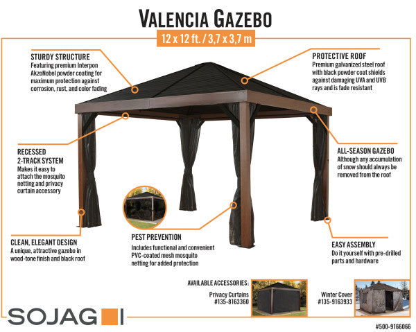Informative infographic detailing the features of the Sojag Valencia Gazebo, 12x12, with wood finish and protective roof.