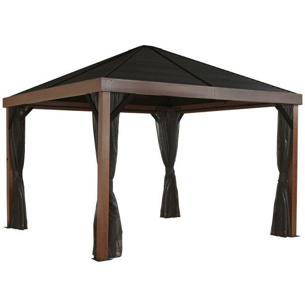 Sojag Valencia 12x12 Gazebo with wood finish and sturdy metal frame against a white background
