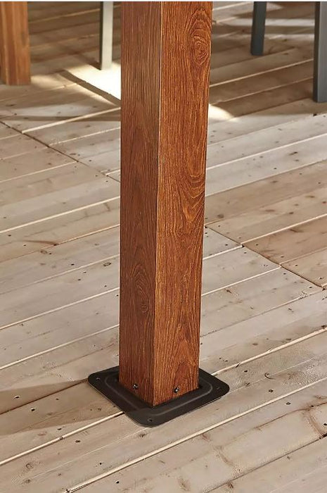 Close-up of the wood-textured post of Sojag Valencia Gazebo, 12x12 highlighting the wood finish and anchoring bracket.