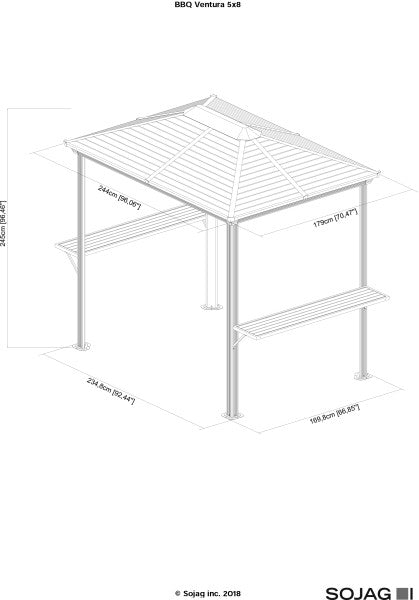Technical drawing with dimensions for the Sojag BBQ Ventura Grill Gazebo 5 x 8 ft., including roof. Shows height, width, depth, and roof pitch.