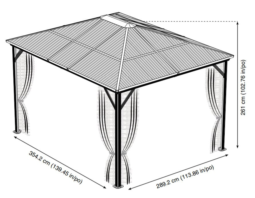 Blueprint overview of Sojag Verona Gazebo 10x12 ft with structural measurements and layout.