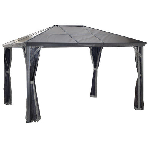 Isolated view of Sojag Verona Gazebo 10x14 ft with elegant curtains and sturdy metal frame on a white background