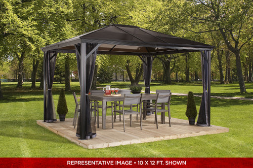 Outdoor setup of Sojag Verona Gazebo 10x14 ft in a garden with dining furniture set underneath