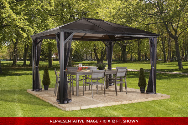 Outdoor setup of Sojag Verona Gazebo 10x14 ft in a garden with dining furniture set underneath