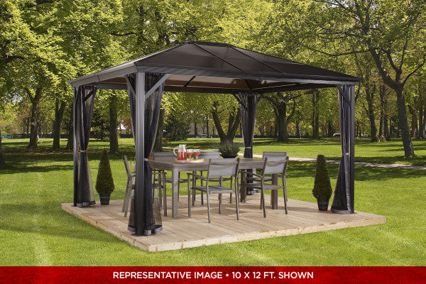 Outdoor dining set under the Sojag Verona gazebo 10x10 ft in a lush garden setting, enhancing outdoor dining experiences.