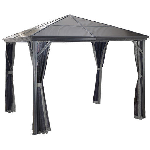 Elegant Sojag Verona metal gazebo, size 10x10 ft, with stylish canopy and curtains, perfect for outdoor relaxation and entertainment