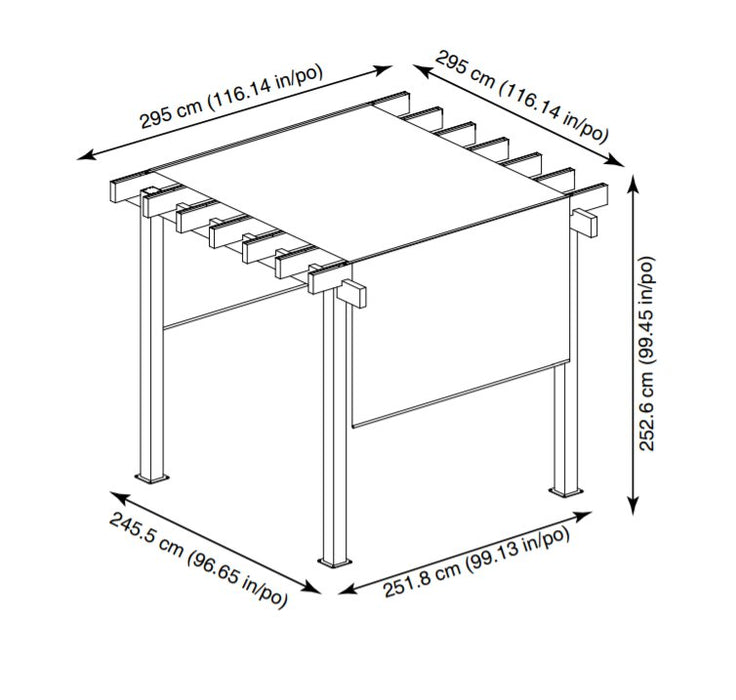 Dimensional diagram of Sojag Yamba Pergola 10x10 ft showing length, width, and height measurements