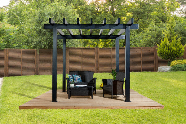 Sojag Yamba Pergola 10x10 ft without canopy, showcasing open structure in a garden with lush grass backdrop