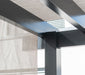 Detailed view of Sojag Yamba Pergola's 10x10 ft black aluminum frame and shadow pattern on the grey canopy
