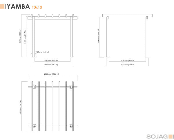 Technical drawing of Sojag Yamba Pergola 10x10 ft series with top, front, and side views, including detailed measurements