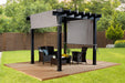 Sojag Yamba Pergola 10x10 ft in garden setting with rattan furniture on wooden deck against privacy fence