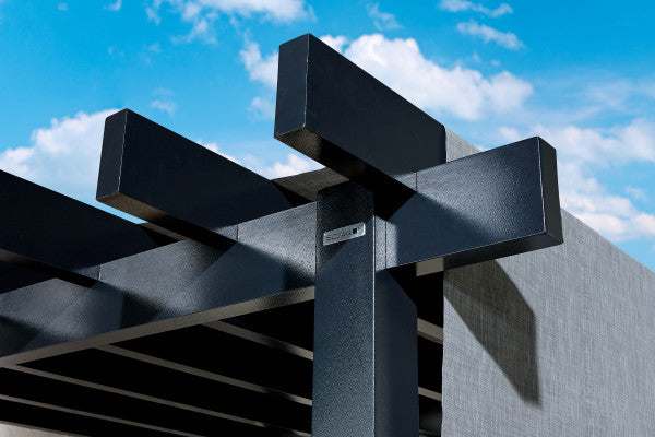 Close-up of the top of Sojag Yamba Pergola 10x13 ft showing the texture and quality of the black aluminum beams