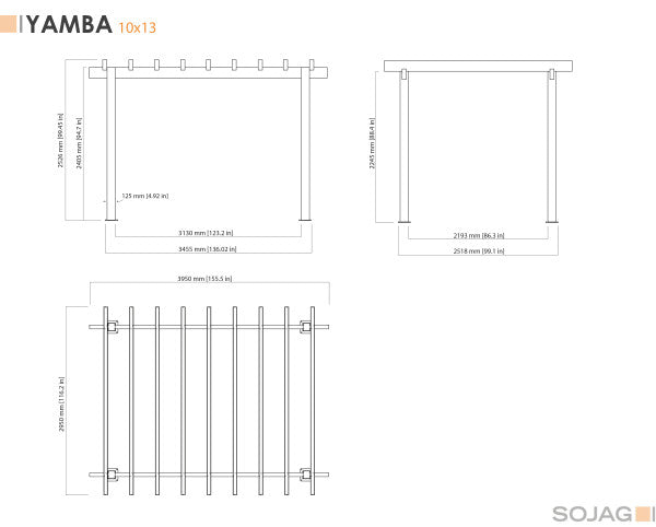 Isometric view of the Sojag Yamba Pergola 10x13 ft with annotated dimensions, providing a comprehensive understanding of its size and structure.