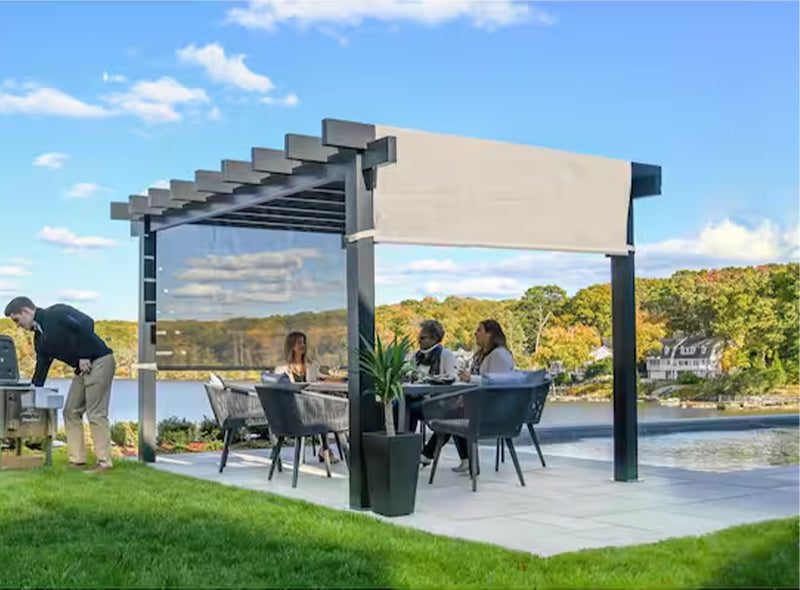 Outdoor entertainment area under Sojag Yamba Pergola 10x13 ft with guests enjoying a meal beside a lake