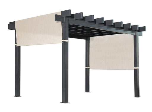 Sojag Yamba Pergola 10x13 ft featuring a beige sunshade canopy and sturdy black aluminum posts