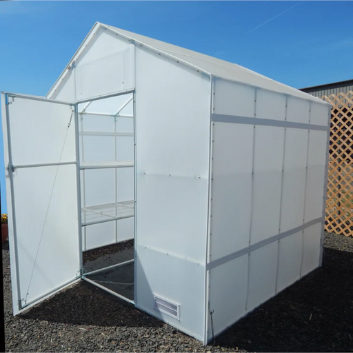 Interior view of empty Solexx Garden Master Deluxe Greenhouse with open door and white shelving structure