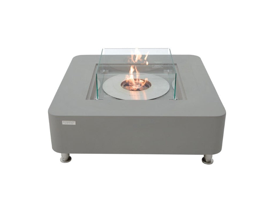 Front view of the Elementi Perth Ethanol Fire Table in space grey with glass guard and fire burning