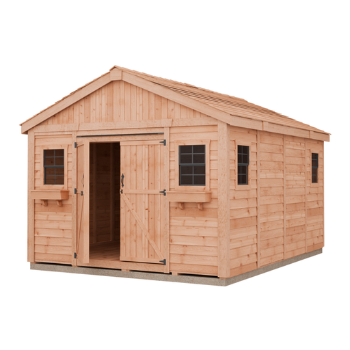 Space Master 12x16 Storage Shed by Outdoor Living Today featuring cedar shingle roof and double front doors