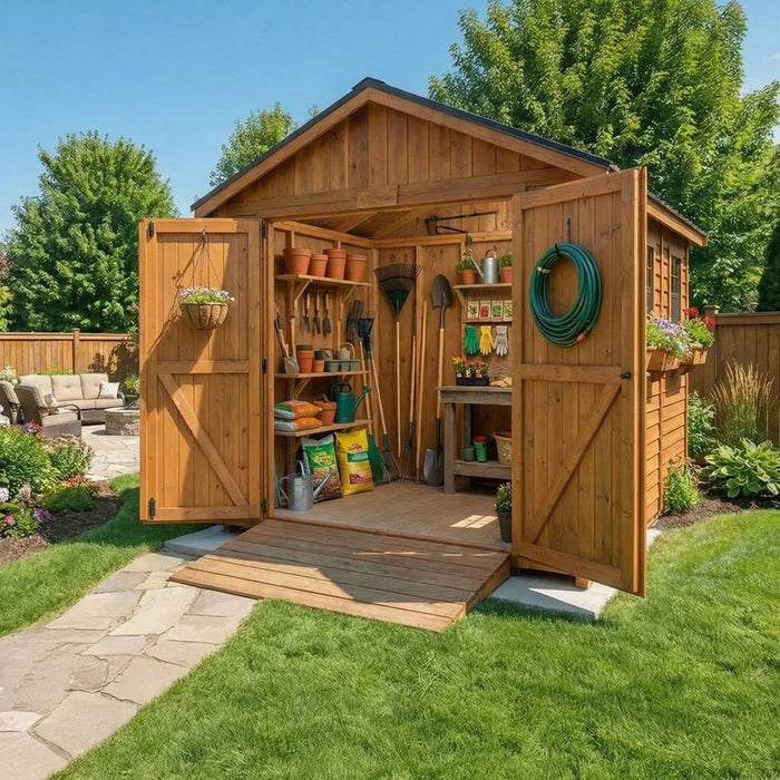 Close-up detail of the Space Master 8x12 cedar storage shed, showing wood siding texture and door hardware.