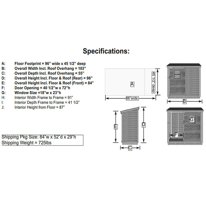 Technical specifications and dimensional blueprint of the SpaceSaver 8x4 shed with sliding door.