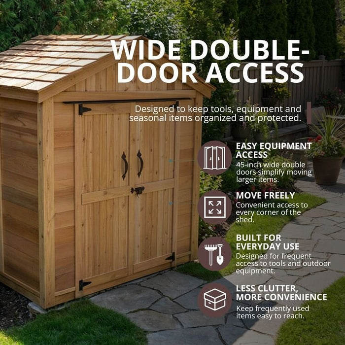 Angle view of the SpaceMaster 6x4 cedar shed showing its double door design and natural wood finish.