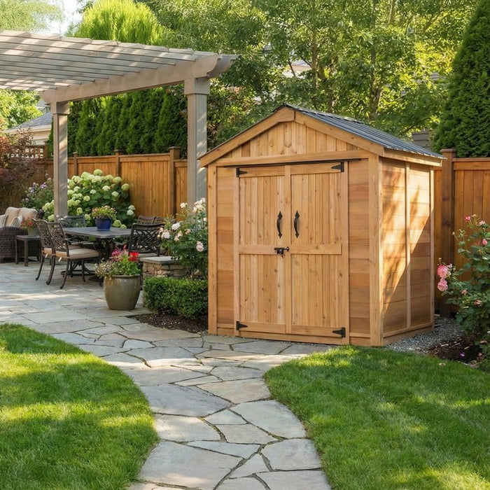 SpaceMaster 6x4 cedar shed showing double door detail with wood paneling and sturdy hinge hardware.