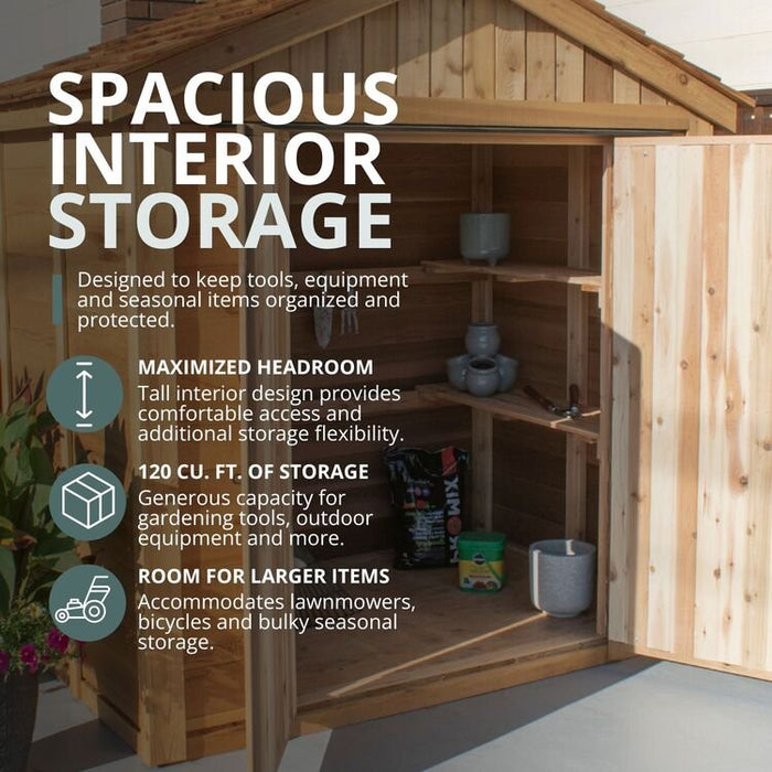 Side angle view of the SpaceMaster 6x4 cedar shed showing its double door design and wood construction.