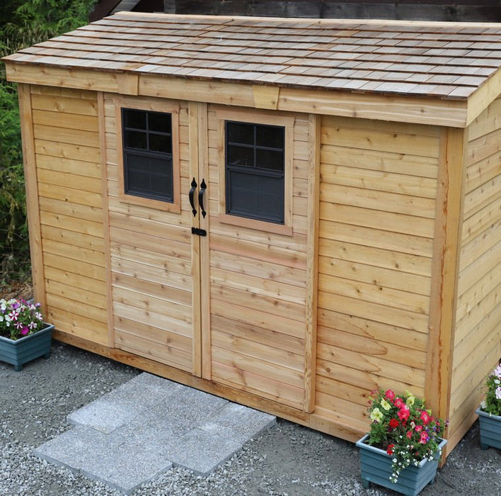 SpaceSaver 12x4 lean-to shed showing close-up detail of the smooth-gliding sliding doors and track hardware.
