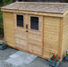 SpaceSaver 12x4 lean-to shed showing close-up detail of the smooth-gliding sliding doors and track hardware.
