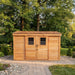 Close-up detail of the SpaceSaver 12x4 lean-to shed's sliding door track and wood paneling construction.