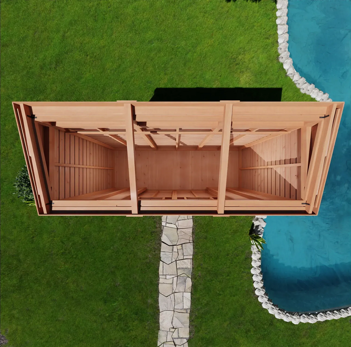 SpaceSaver 12x4 lean-to shed with sliding doors, shown from the front against a wooden fence backdrop.