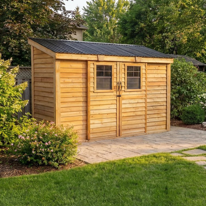 Side angle view of the SpaceSaver 12x4 lean-to shed with wooden sliding doors and slanted roof design.