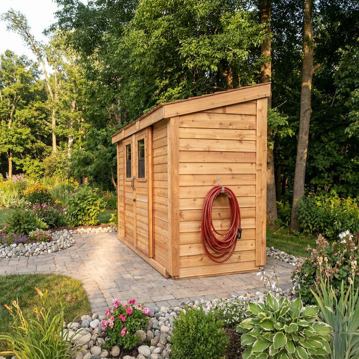 Side view of the SpaceSaver 12x4 lean-to shed with sliding doors, showing its slanted roof and wood siding.