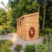 Side view of the SpaceSaver 12x4 lean-to shed with sliding doors, showing its slanted roof and wood siding.