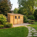 Side view of the SpaceSaver 12x4 lean-to shed showing its sliding doors and wooden panel construction.