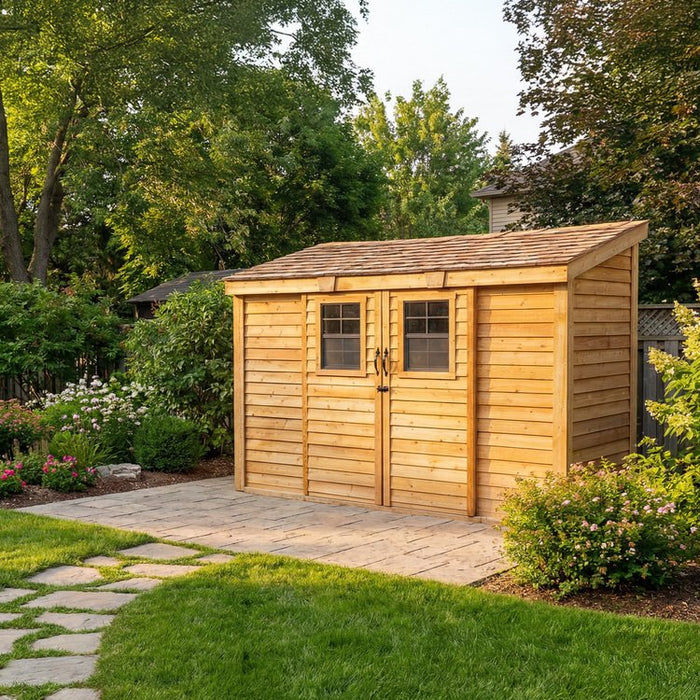 Side angle view of the SpaceSaver 12x4 wood storage shed with sliding doors, showcasing its compact outdoor design.