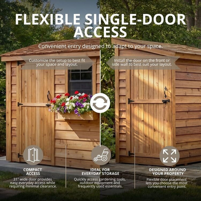 Close-up of the SpaceSaver 8x4 cedar shed's single door, ideal for mefer ort 