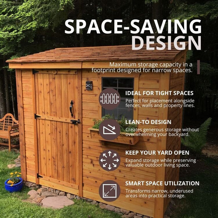 Close-up of the single door detail on the Outdoor Living Today SpaceSaver 8x4 cedar shed.