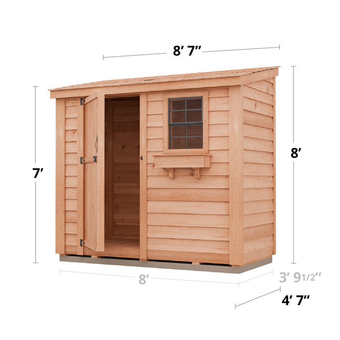Detailed specifications diagram of the SpaceSaver 8x4 shed with single door, displaying dimensions and layout for informed purchasing